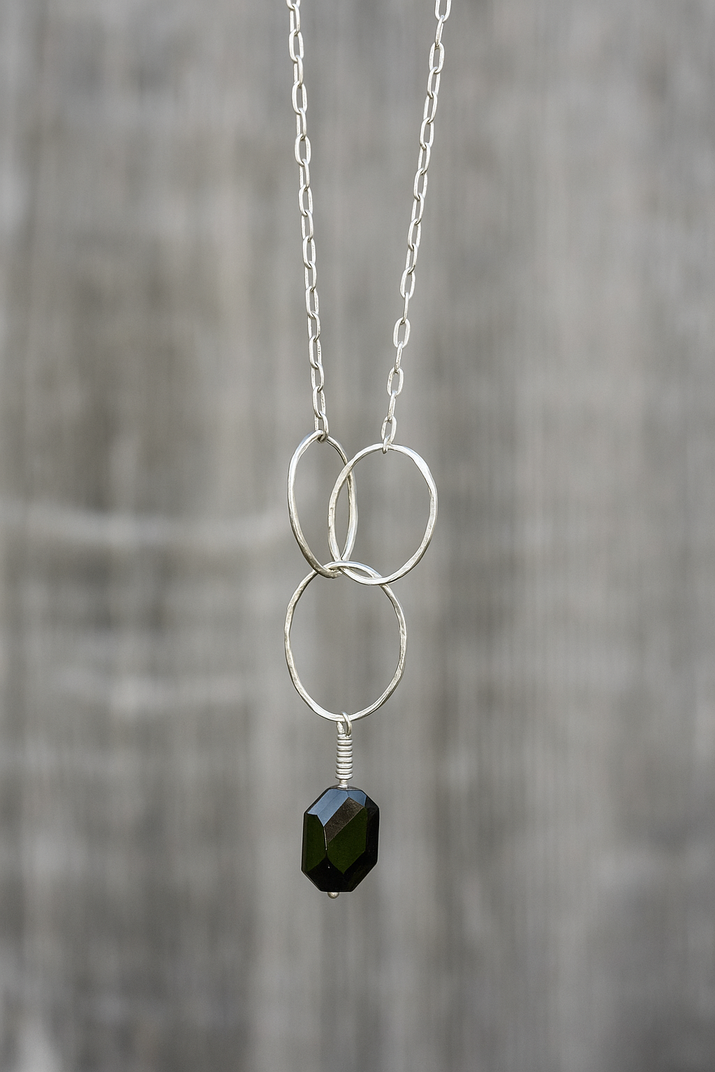 3-Link Hammered Silver Necklace with Black Faceted Bead Drop