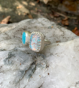Turquoise and Crystal Blue 2-Stone Ring